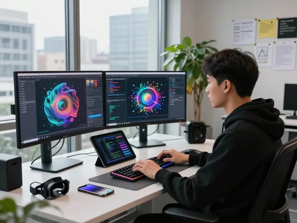Dynamic tech workspace with developer using juicy ai tools and multiple screens showcasing AI-generated art.