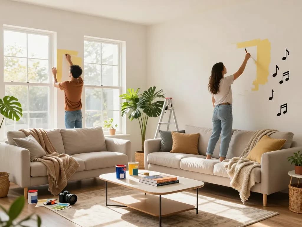 Betrokken huisrenovatie-activiteit waarbij een stel aan het schilderen is in hun woonkamer, met de nadruk op verbouwing en verhuizing Utrecht.