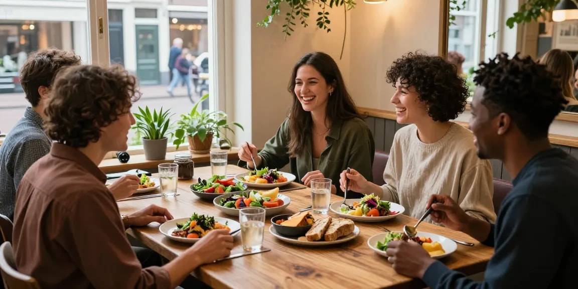 Enjoying vegetarian eten Utrecht with friends over colorful plant-based dishes.