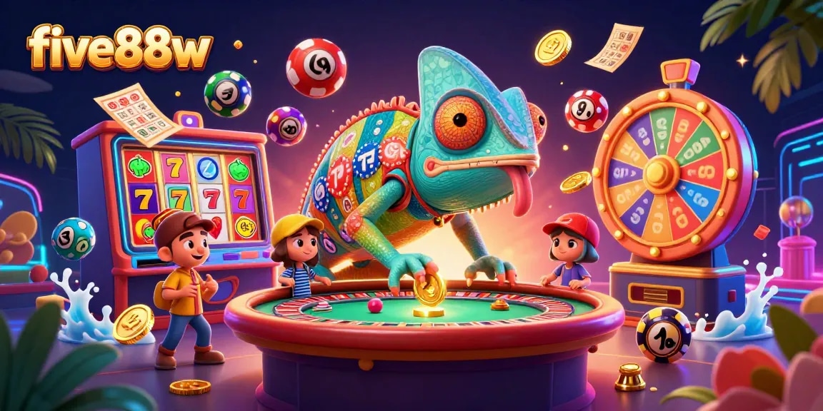 Engaging five88w casino illustration featuring a chameleon owner and dynamic gaming elements.