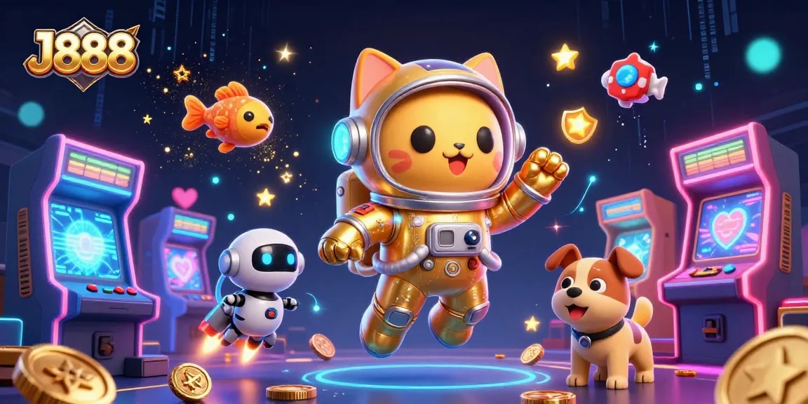 Engage with J888's exciting casino gaming adventure featuring vibrant 3D characters and neon elements.