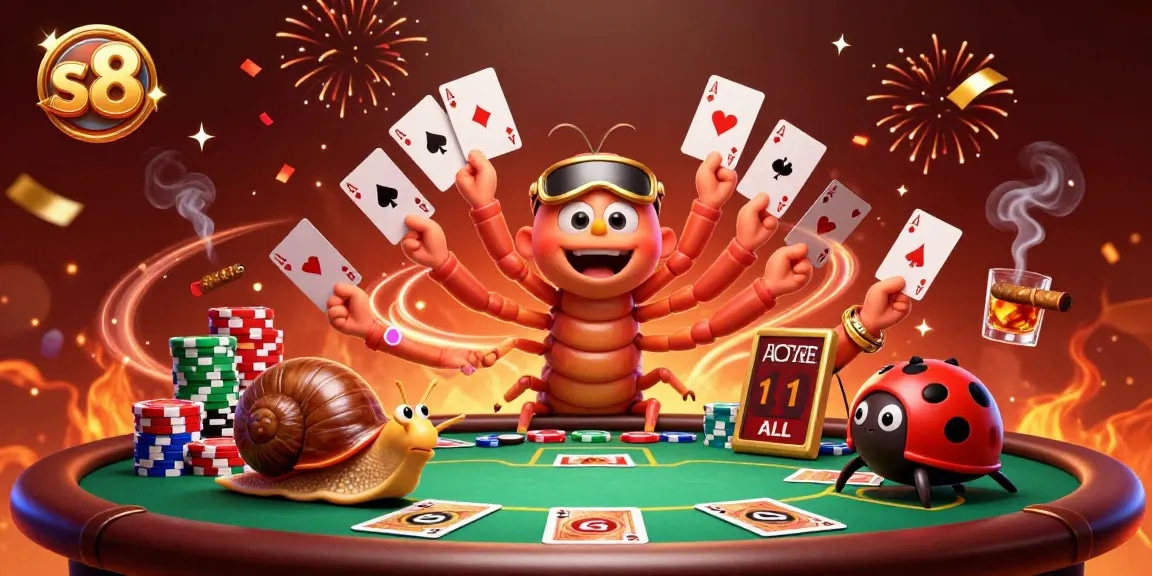 Cherish winning moments at s8 with a whimsical poker scene featuring a millipede dealer and exciting gameplay.