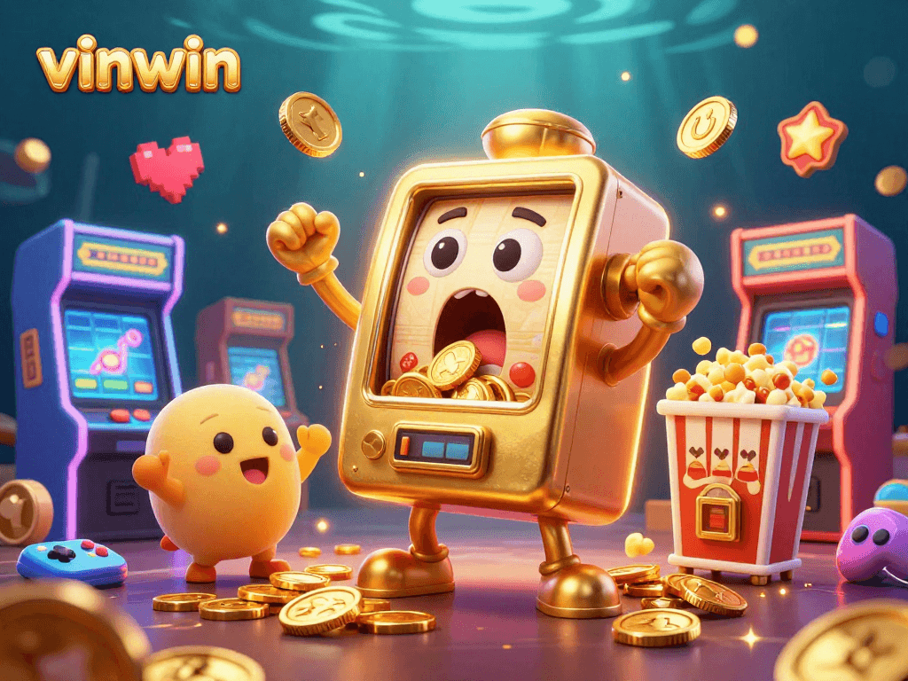 vinwin slot machine celebrating a jackpot with baby machines and coins bursting out