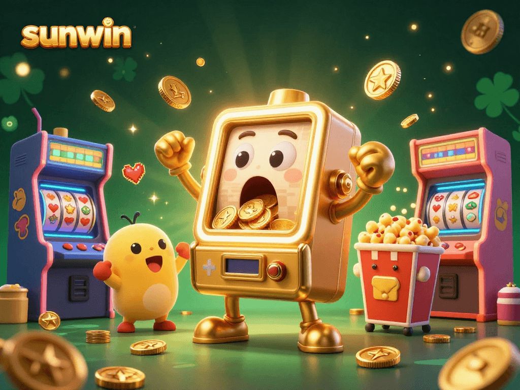 Sunwin's jackpot-winning golden slot machine animatedly celebrates amidst cheering baby slots and popcorn.