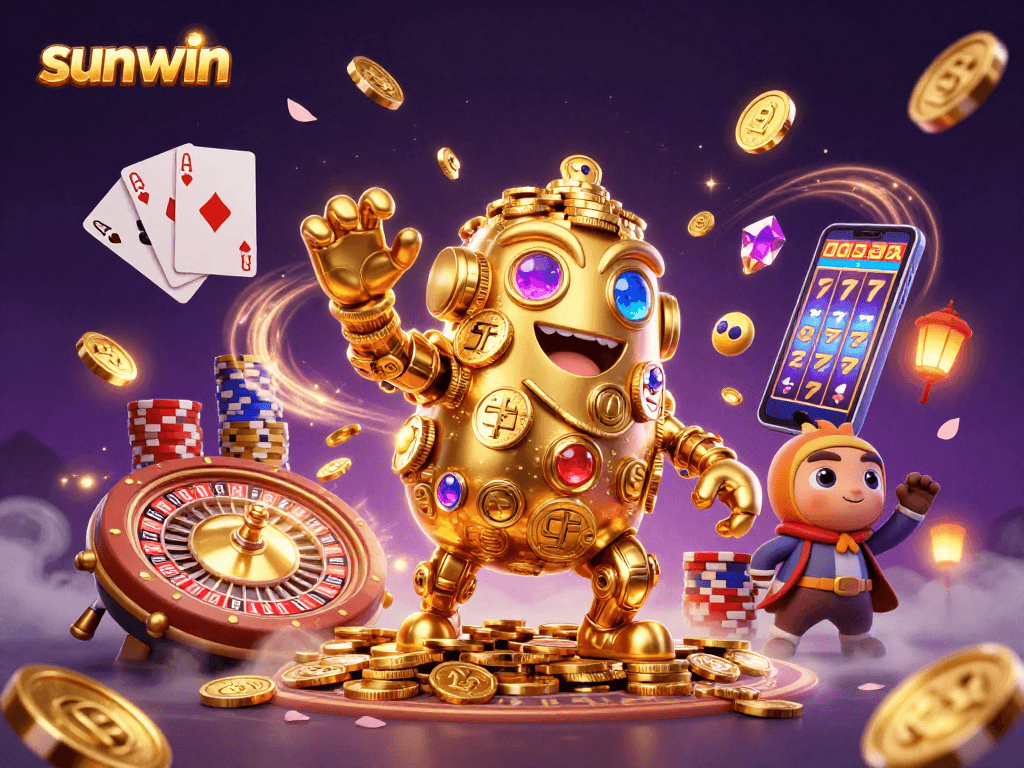 Win big with sunwin in a dynamic casino illustration featuring a golden golem and gaming elements.