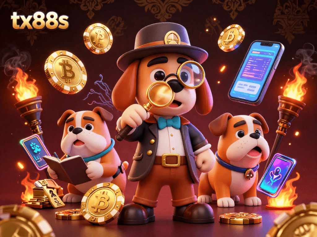 tx88s detective examining a poker chip with crypto elements and treasure clues, vibrant casino scene