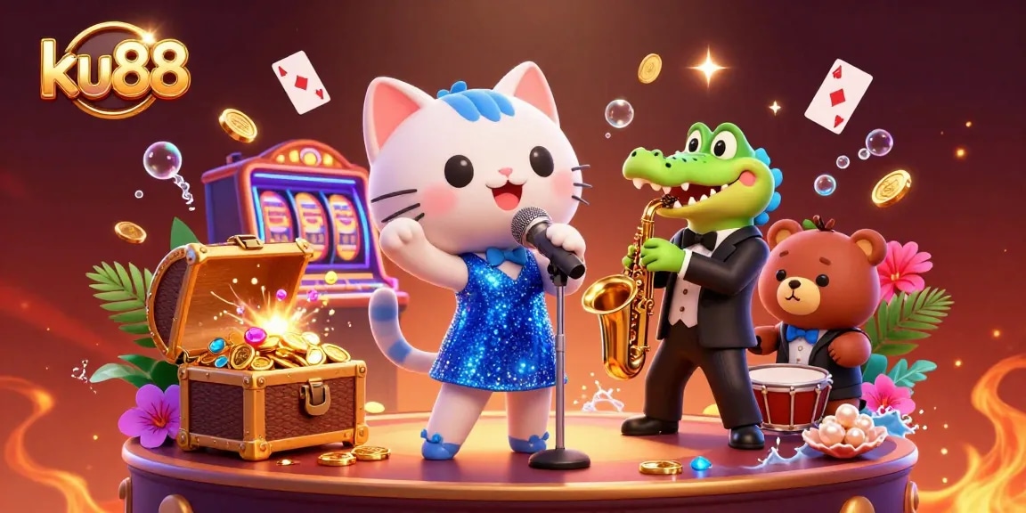 ku88 gaming scene with a jazz-singer cat, a crocodile, and a bear, immersing players in casino excitement.