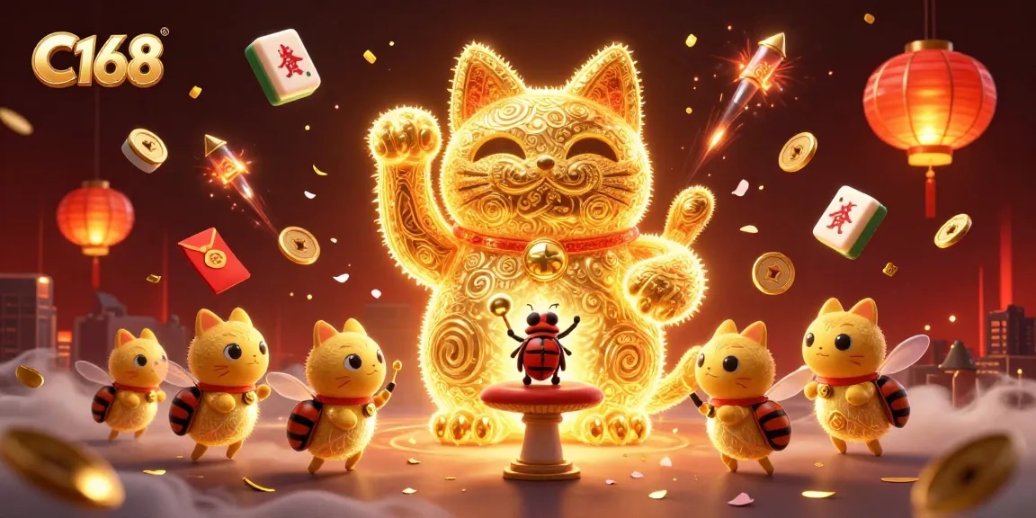 C168 brings luck as a golden lucky cat and fireflies light up the casino scene with vibrant symbols.