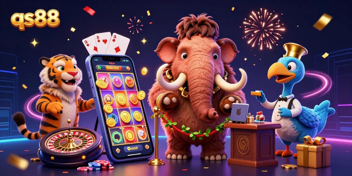 Experience the vibrant qs88 casino scene with a mammoth bouncer, a VIP tiger, and exciting games.