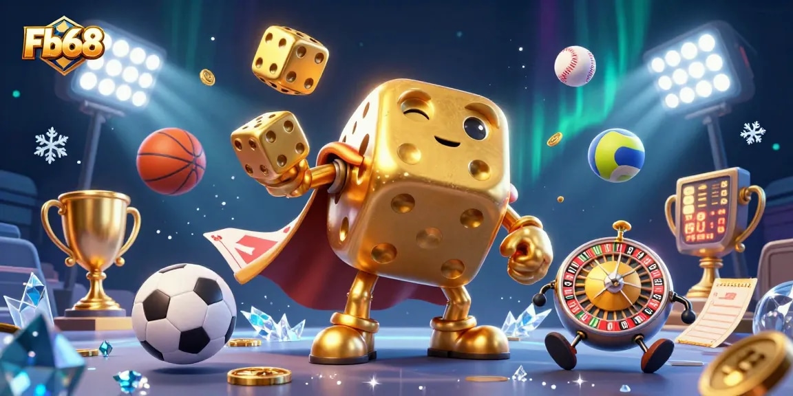 Engage with Fb68's dynamic betting experience featuring a golden dice golem and vibrant sports elements.