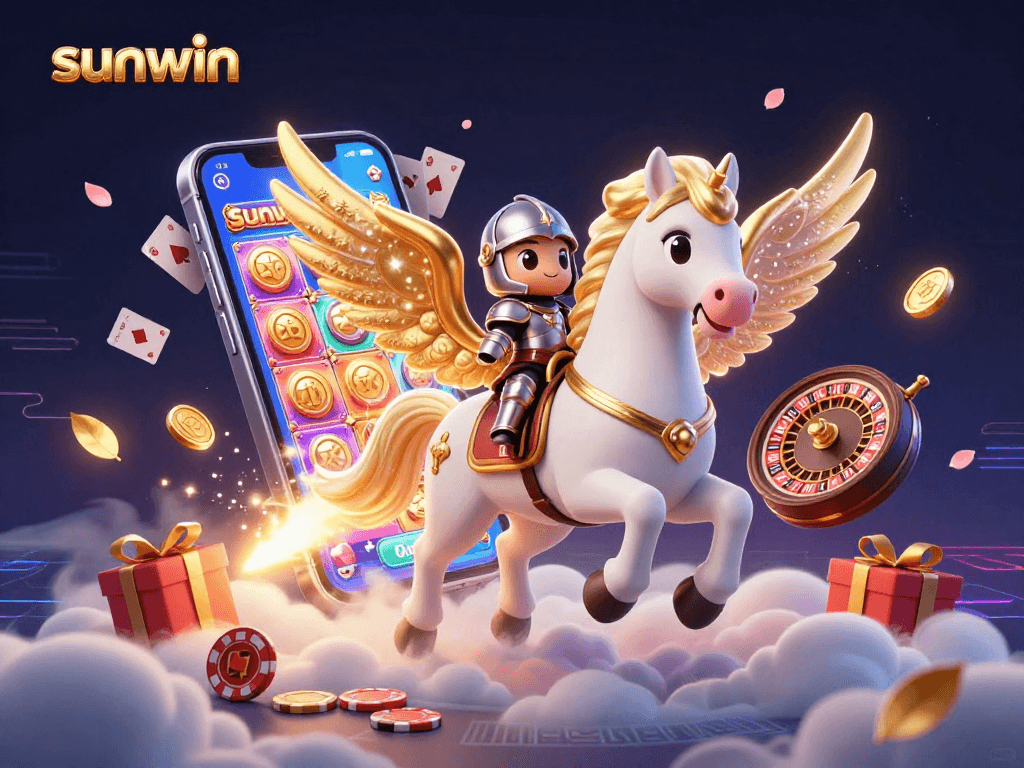 Join the fun with sunwin as a celestial horse leads a knight through a vibrant casino adventure.