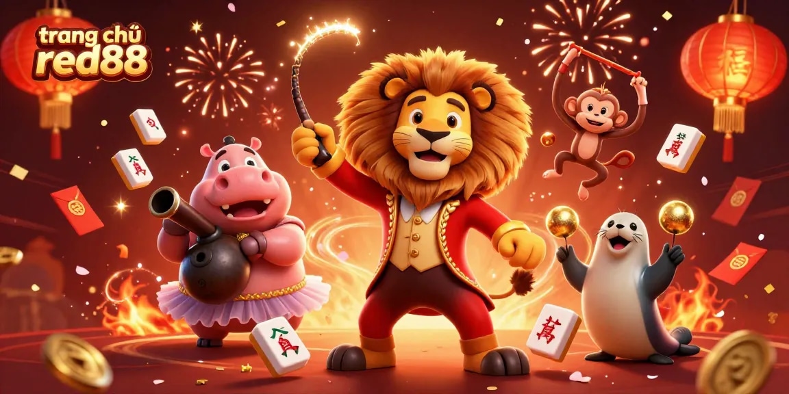 Engage with stunning visuals of "trang chủ red88", featuring dynamic circus characters celebrating casino excitement in a rich scene.