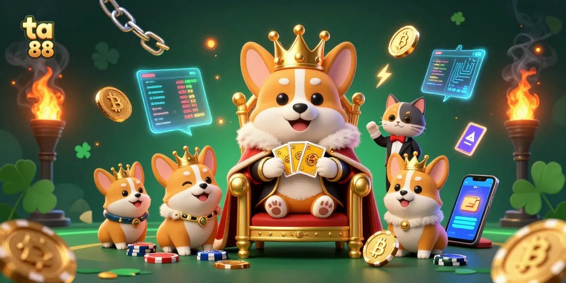 Experience ta 88 with the royal corgi on a throne surrounded by dazzling casino treasures.