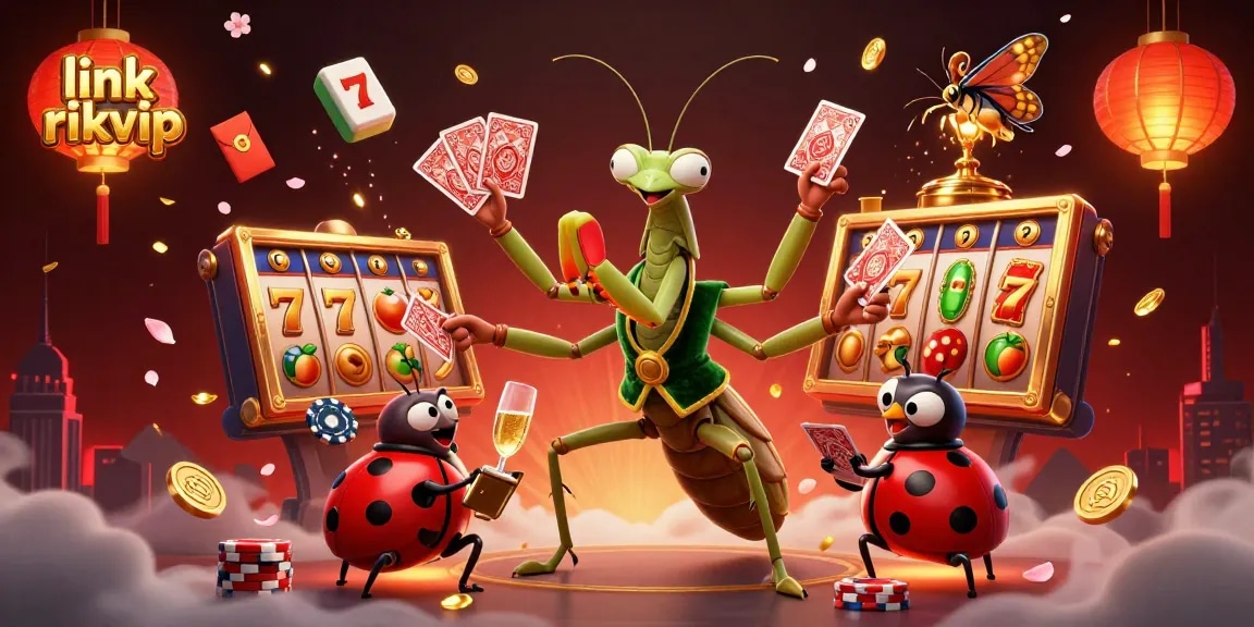 Experience the thrill of link rikvip with a dynamic casino scene featuring a giant mantis and ladybug.