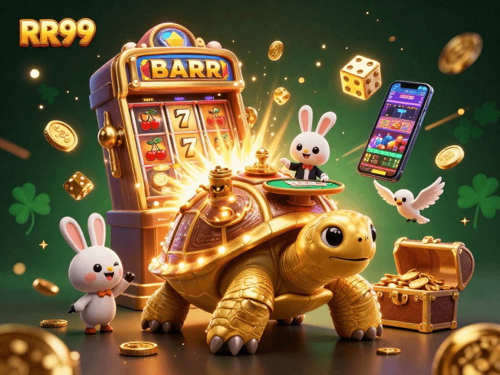 Experience the excitement of RR99 with vibrant casino action, golden tortoise, and dynamic slot machine elements.