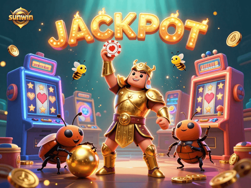 Engage with sunwin's thrilling jackpot as illustrated by a heroic beetle in a vibrant casino scene.