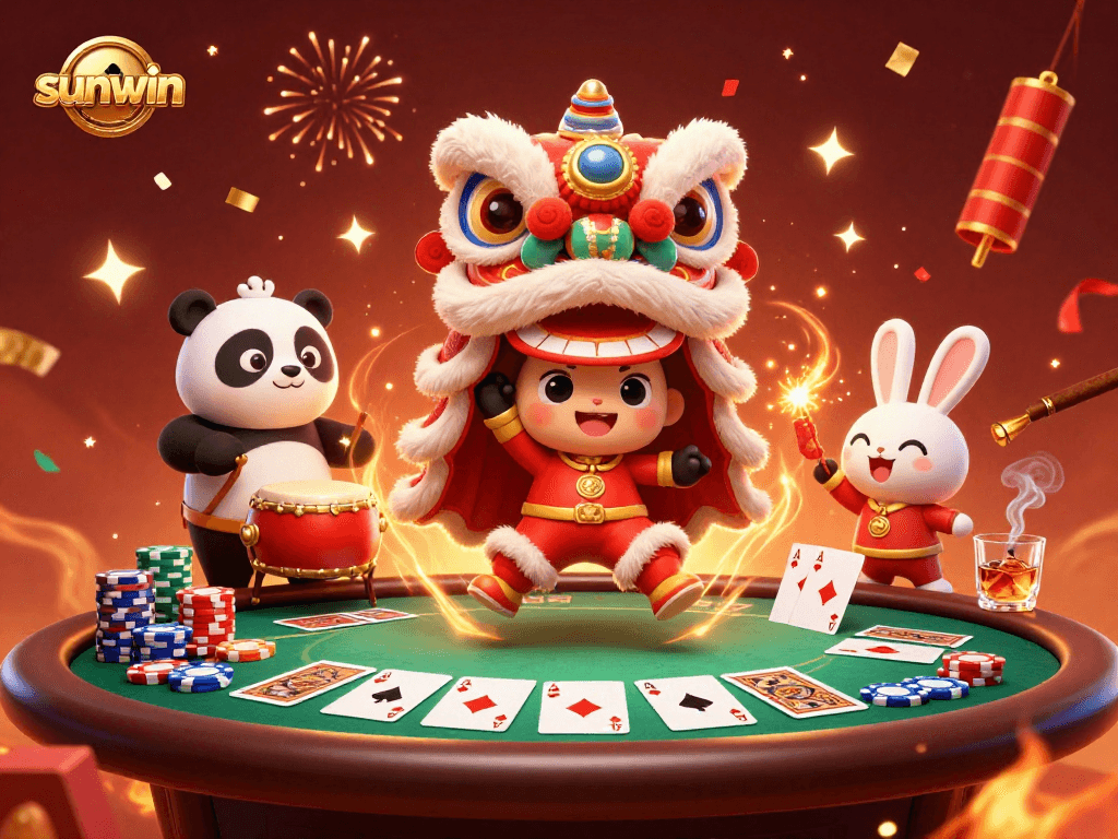 Experience thrilling casino action with sunwin where a lion dance meets poker chips and festive celebrations.