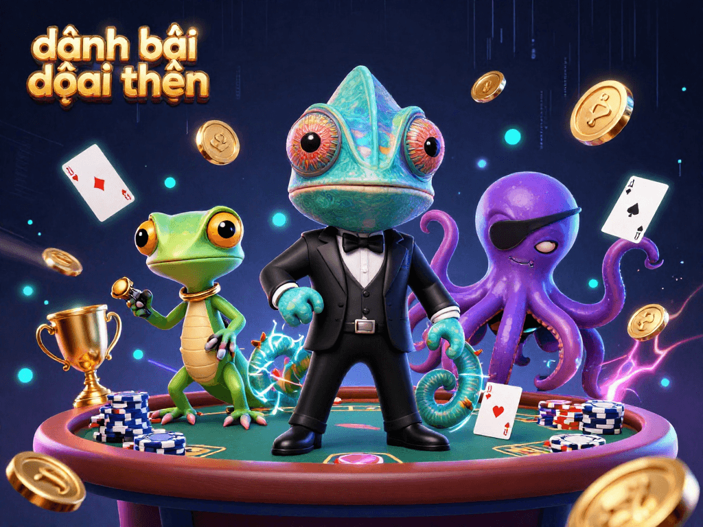 Engage in đánh bài đổi thưởng with vibrant characters and dynamic poker elements showcased in a rich, detailed scene.
