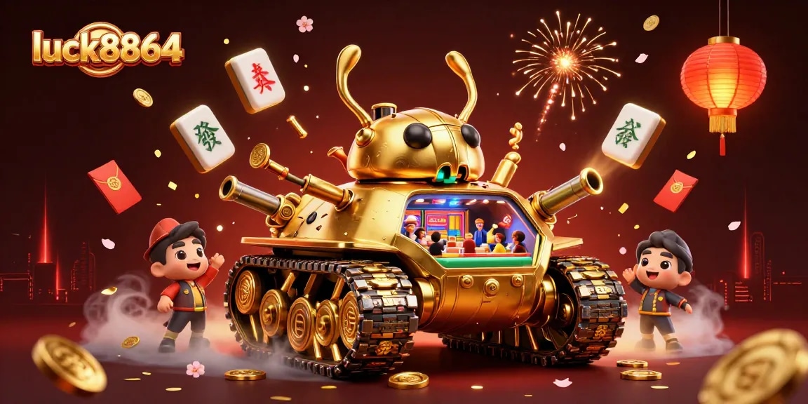 Experience thrills at luck8864 with a golden tank casino scene filled with festive elements and dynamic action.