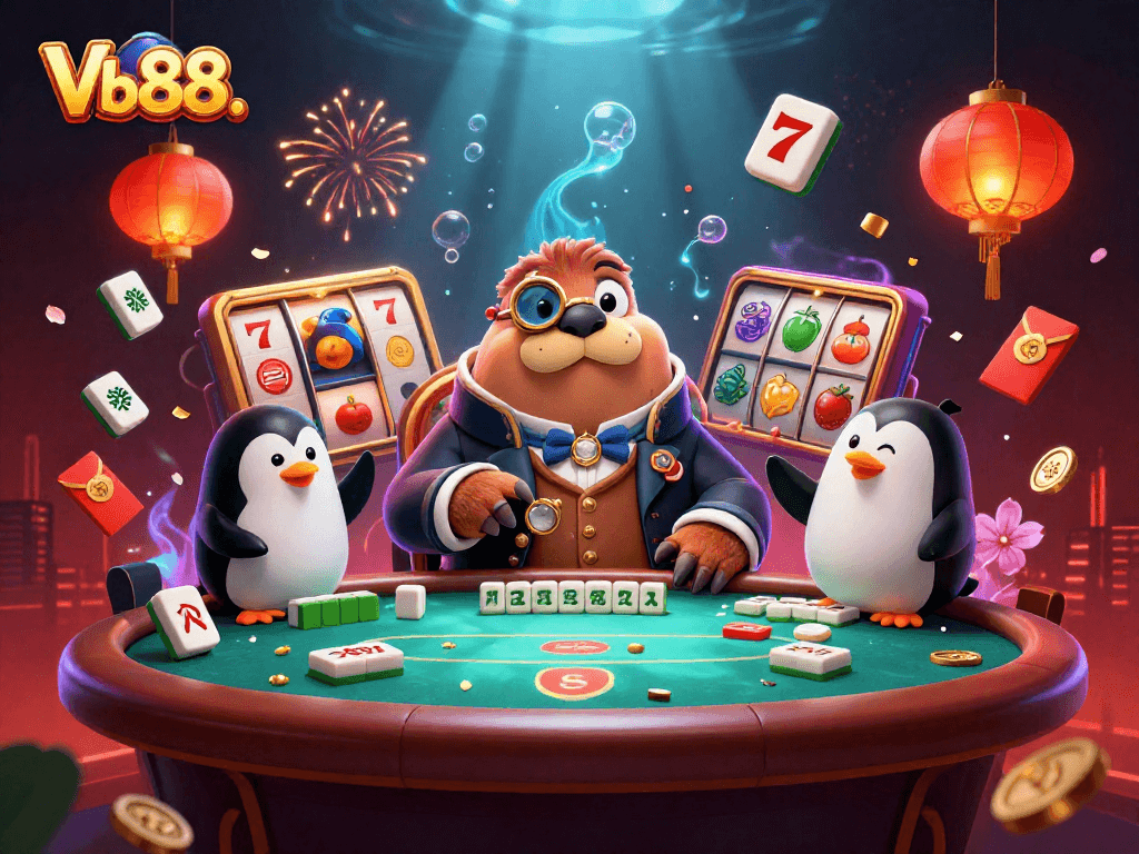 Play exciting slots with Vb88. at an underwater poker table featuring a jolly walrus and friends.