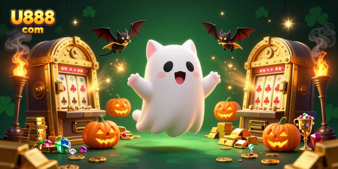Win big at U888 com with vibrant casino-themed ghost and treasures illustration.