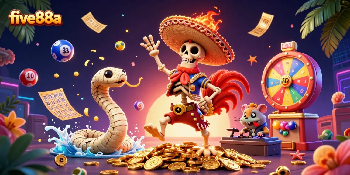 Experience casino thrills with five88a as colorful lottery balls, golden coins, and vibrant prizes fill the scene.
