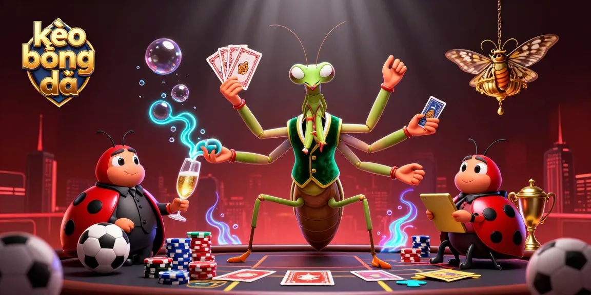 Engaging kèo bóng đá scene with a giant praying mantis, ladybug pit boss, and vibrant elements surrounding them.