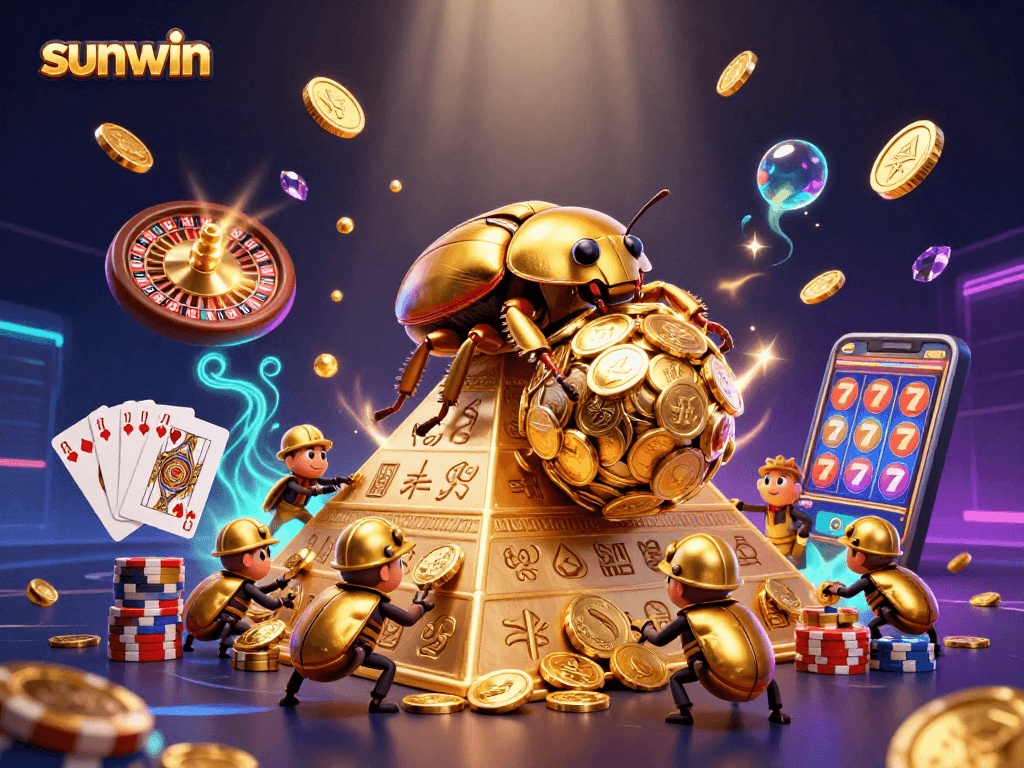 Win big with sunwin as golden dung beetles roll coins in a dynamic casino scene!
