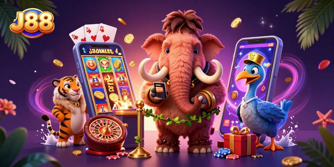 Experience the excitement at J88 with a vibrant casino scene featuring a woolly mammoth bouncer and VIP guests.