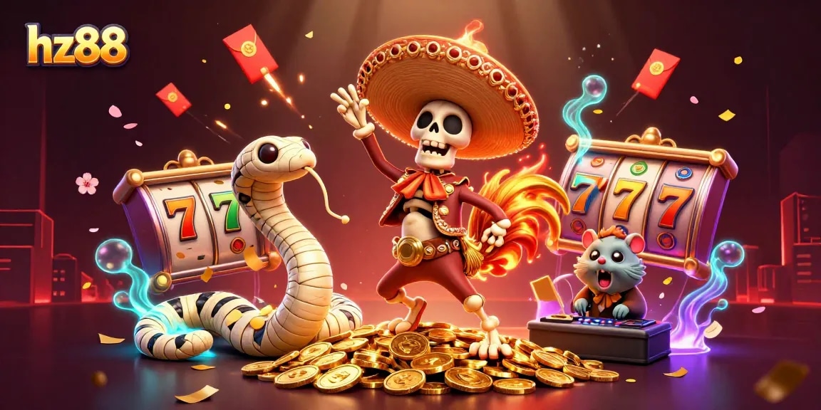 Experience thrilling gameplay with hz88, featuring a dynamic casino scene of dancing characters surrounded by slot reels and confetti.