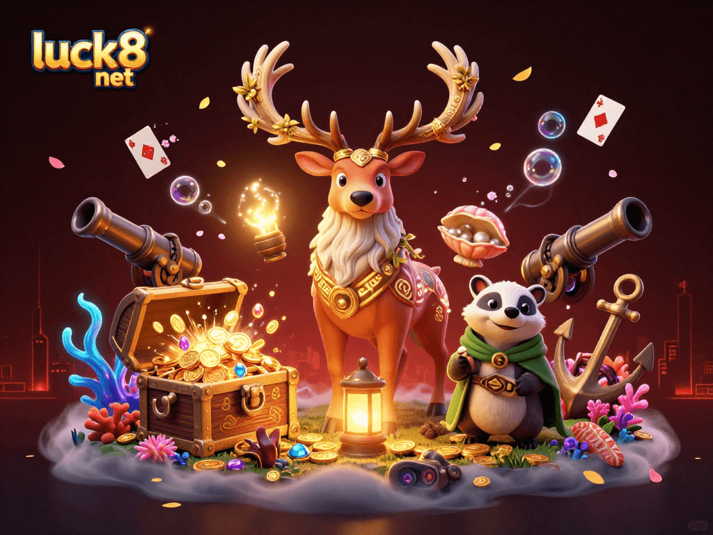 Engage in thrilling bets at luck8 net, illustrated with vibrant casino elements and magical characters.