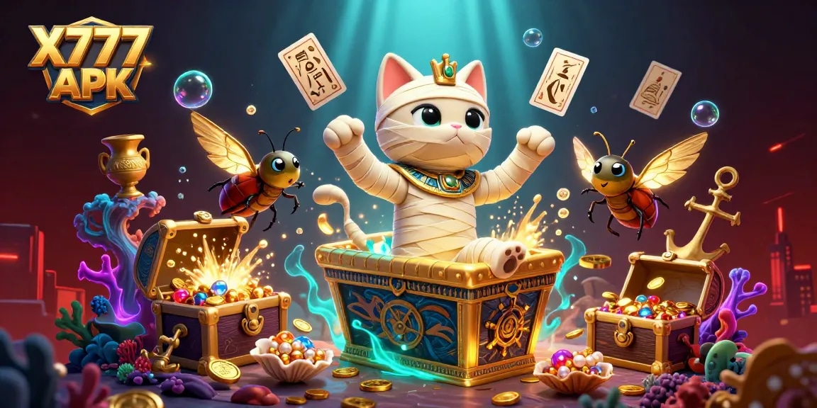 X777 APK offering an immersive gaming experience with vibrant scenes from Egyptian-themed casino adventures.