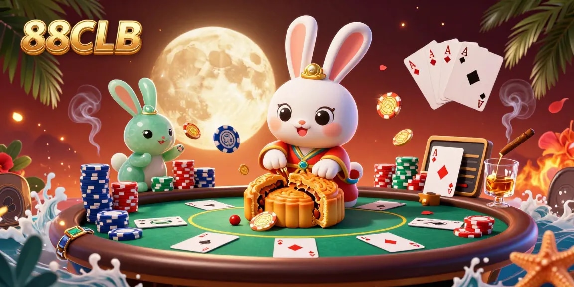 Experience thrilling games like 88CLB with a vibrant moon rabbit illustration surrounded by poker chips and cards.