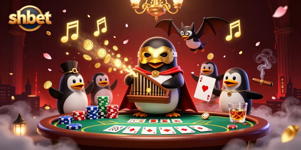 shbet penguin plays organ in a dynamic casino scene, surrounded by poker elements and golden treasures