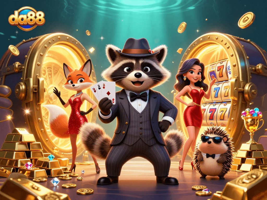 Engage in thrilling gameplay at da88 with a raccoon in a suit holding a royal flush, surrounded by gold treasures and excitement.