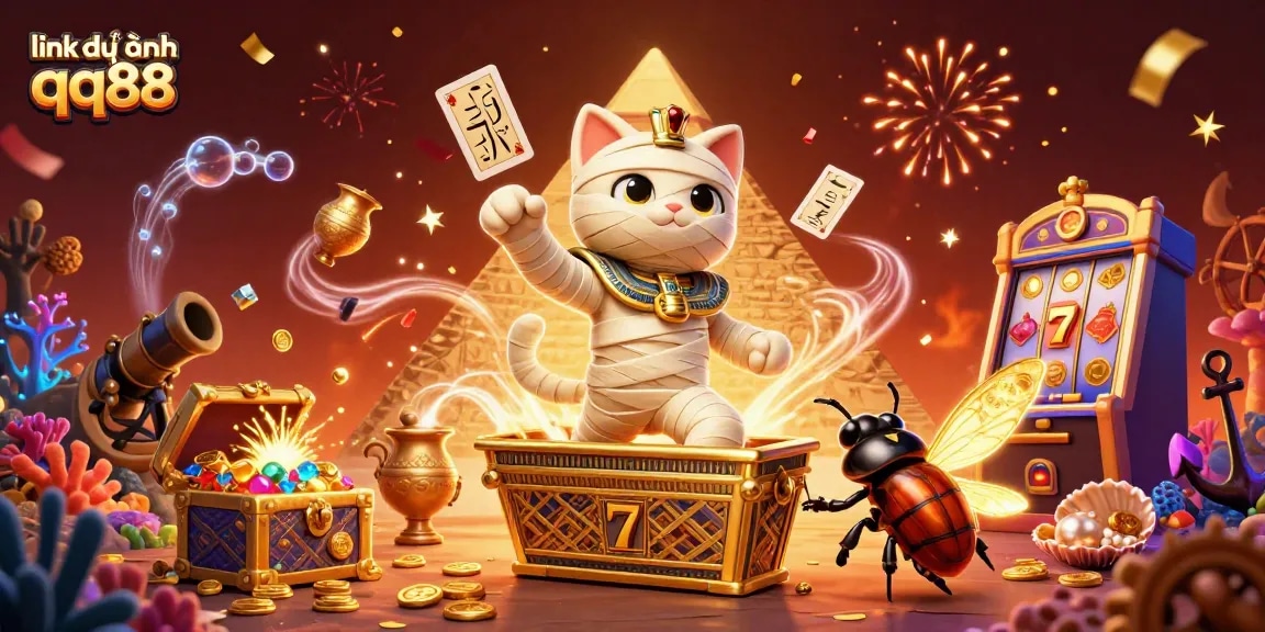Engage with link dự phòng qq88 through a thrilling illustration of a mummy cat and casino elements.