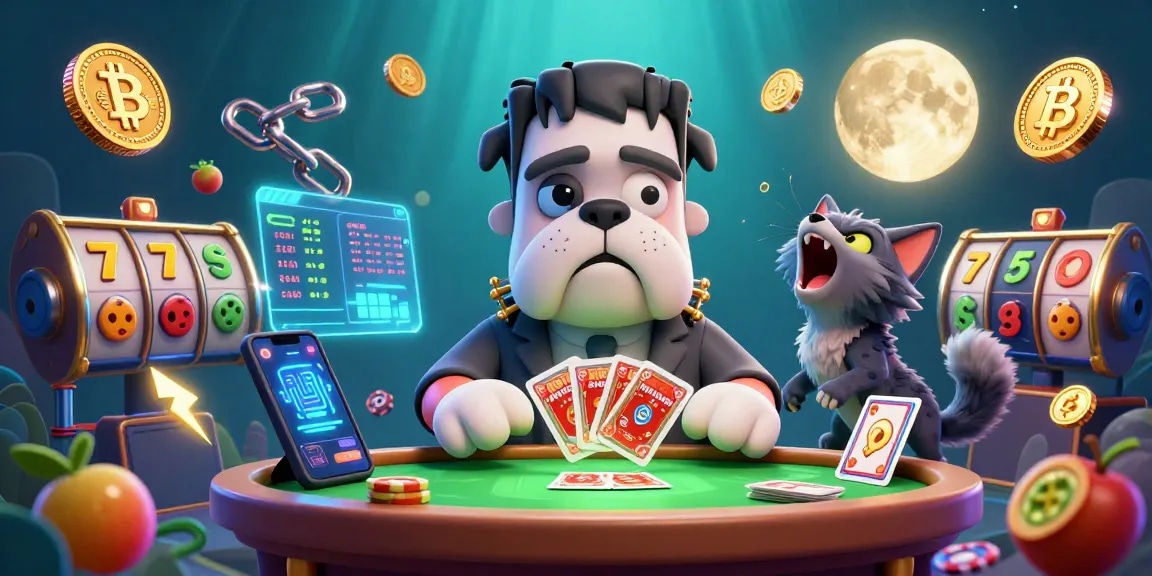 luck8 challenges the odds at the casino with a Frankenstein bulldog and werewolf kitten in a vibrant 3D scene.