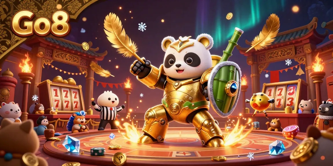 Engage in thrilling action at Go8's vibrant casino arena featuring a mech-suit panda and rich gaming elements.