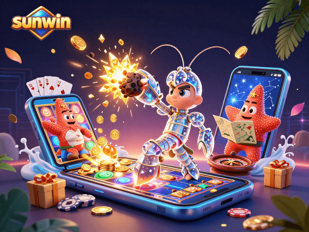 Experience a thrilling scene with the sunwin mantis shrimp battling through cosmic treasures and casino elements.
