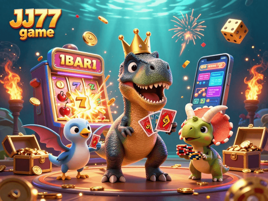Join the thrill of the JJ77 game with vibrant 3D characters and casino elements exploding with excitement.