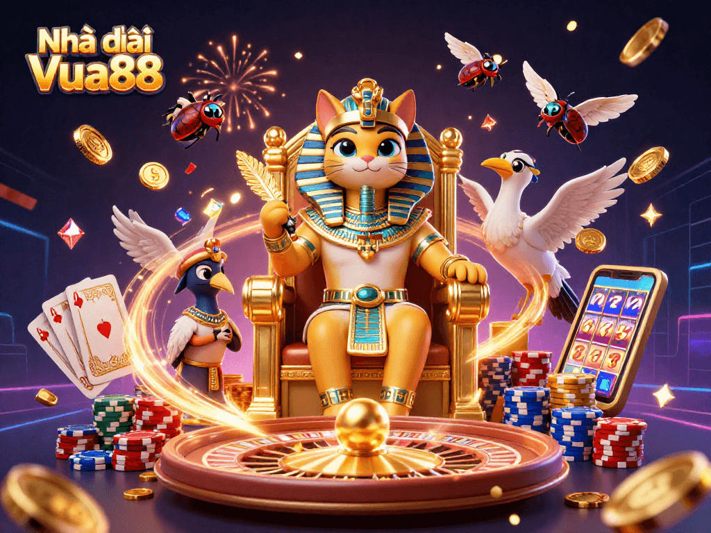 Spin to win with Nhà cái Vua88's vibrant casino scene filled with gold coins and cards.