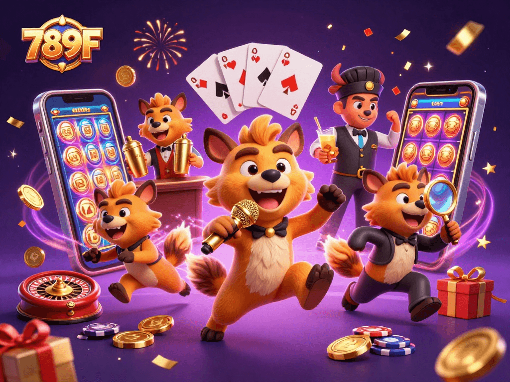 Experience excitement and fun at 789F casino with lively hyenas enjoying games and entertainment.