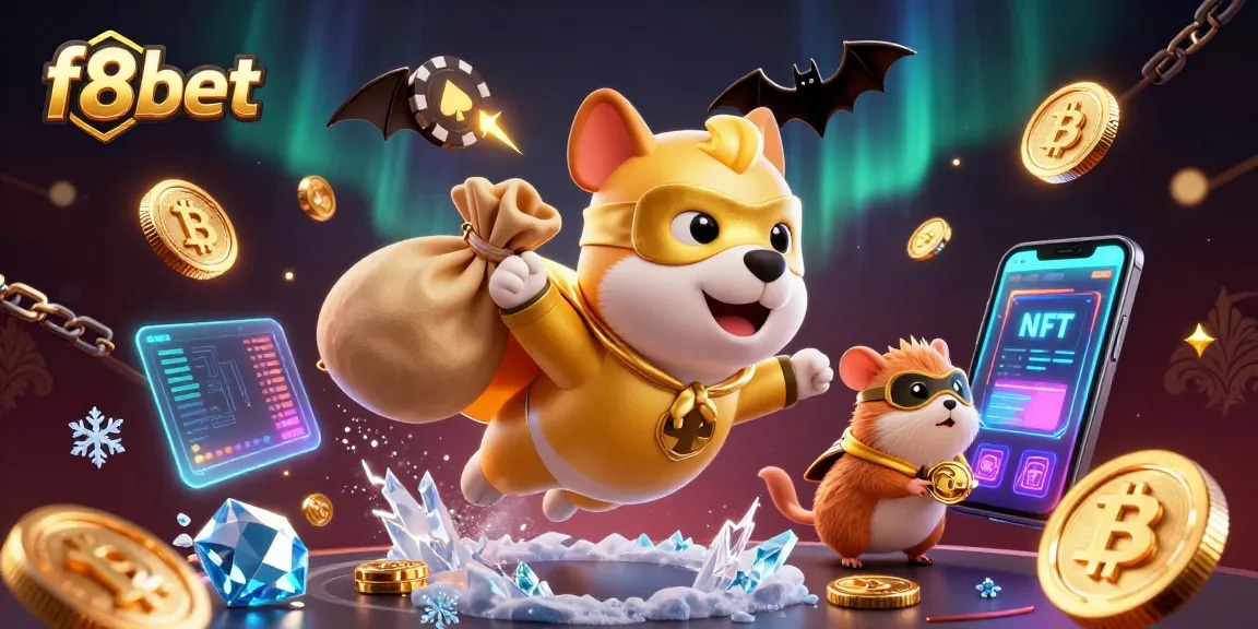 F8BET's superhero dog leads exciting casino adventures with treasures amidst neon crypto elements.