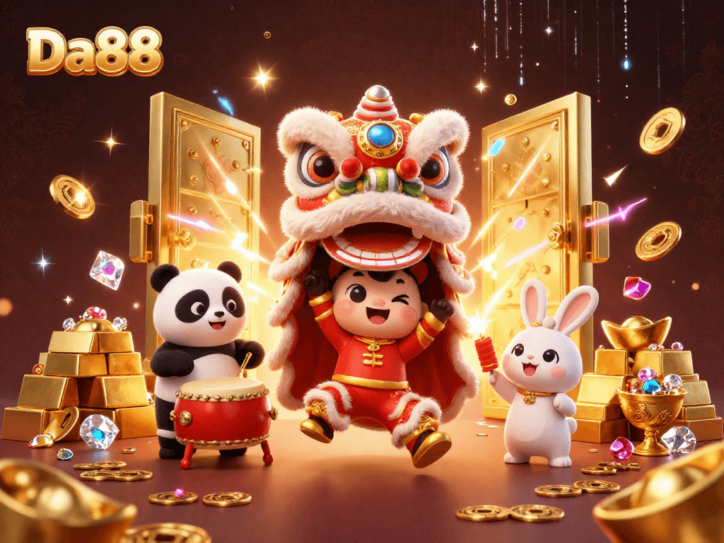 Experience Da88's festive excitement with lucky lion dancers and treasures in a vibrant casino scene.