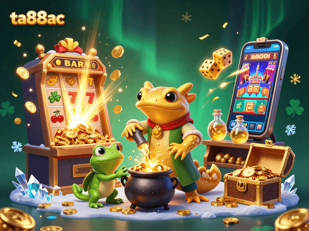 Experience the vibrant casino world of ta88ac with a 3D illustration of gold alchemy and jackpots.