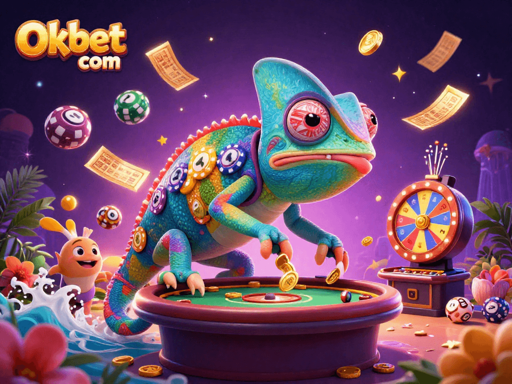 Engage in gaming excitement with Oxbet com in a vibrant 3D casino scene featuring a colorful chameleon.