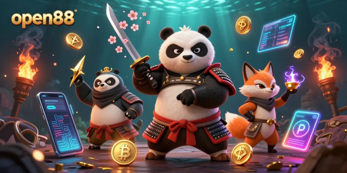 Spin the reels at open88 with a dynamic casino scene featuring captivating gaming characters and crypto elements.