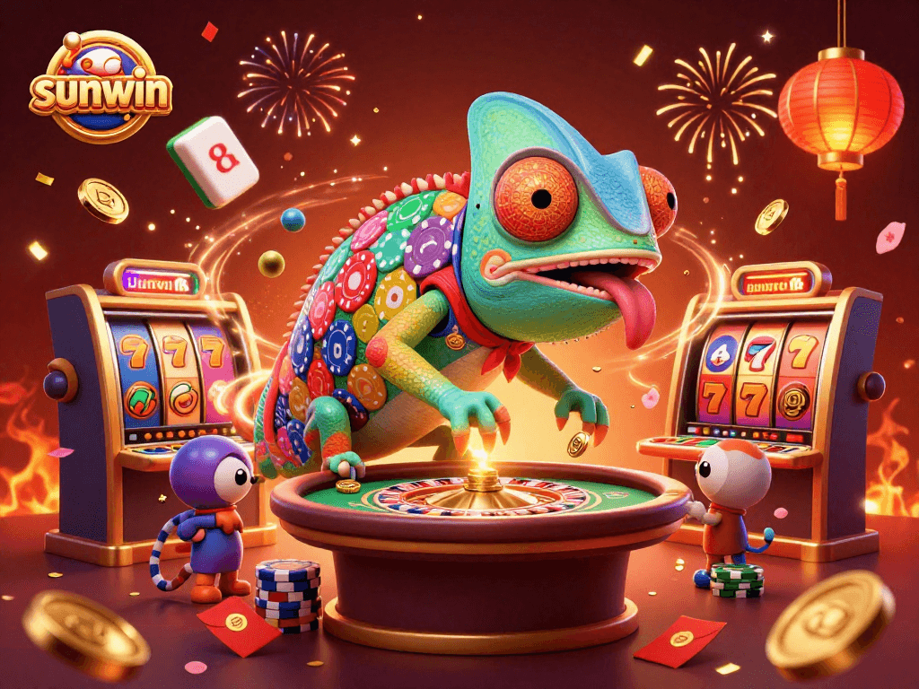 Join the action with sunwin as a colorful chameleon casino owner captures golden coins in a vibrant celebration.
