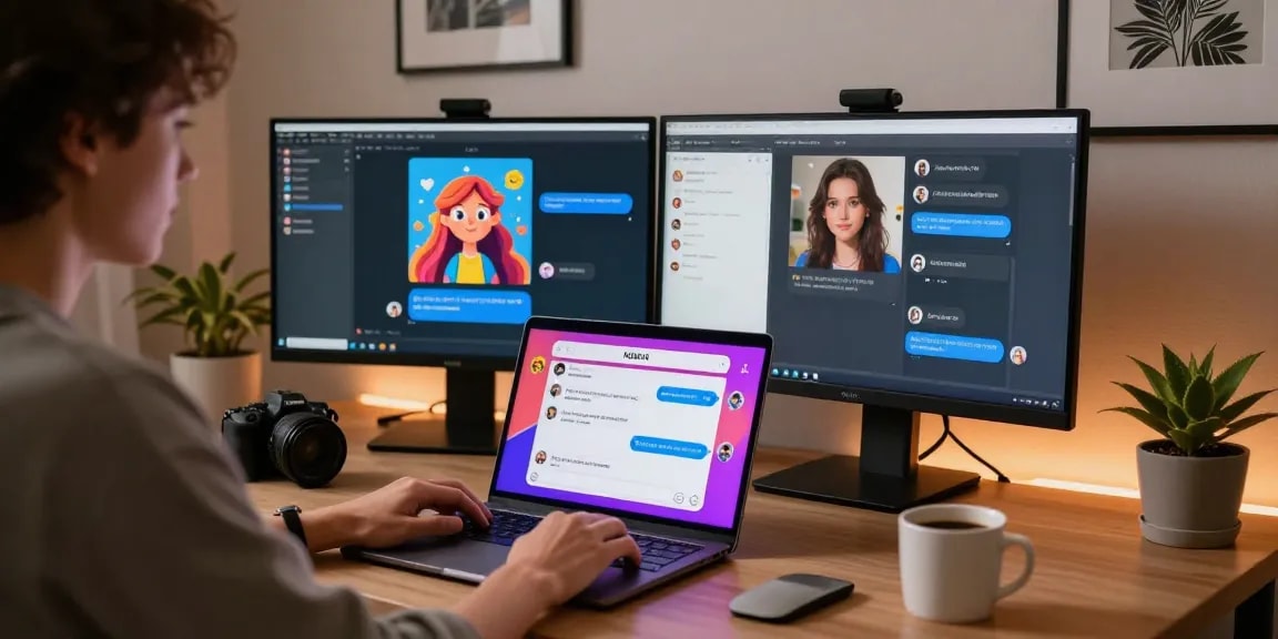 Immersive nsfw ai chat experience in a cozy home workspace, showcasing vibrant character interactions.