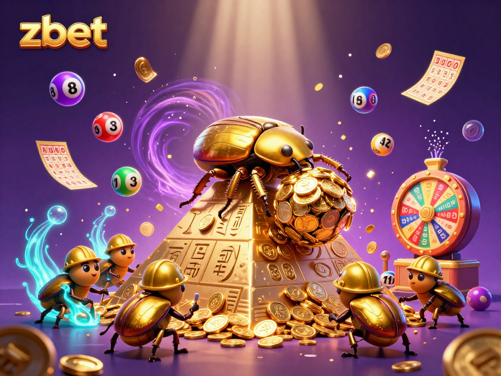 Experience excitement at Zbet with golden beetles rolling coins and vibrant lottery elements.